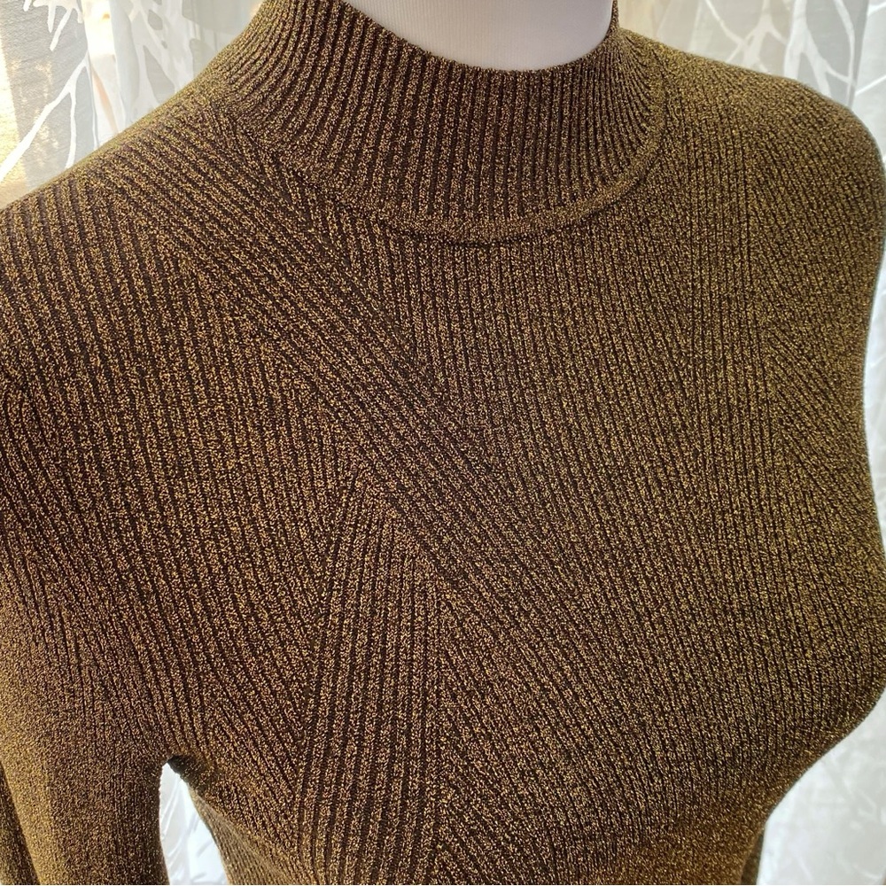 SANDRO gold black ribbed knit lurex high mock neck sweater - Picture 2 of 11